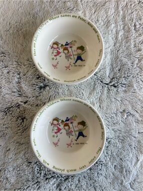 Vintage White Kids Ceramic Bowl Set with Colorful Children Illustration